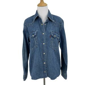 Vintage Levi's Pearl Snap Chambray Top Size M Studded Silver Streak Pockets